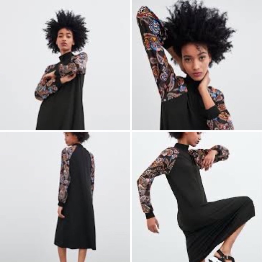 Zara Contrast Sleeve Zip Mock Neck Midi Dress